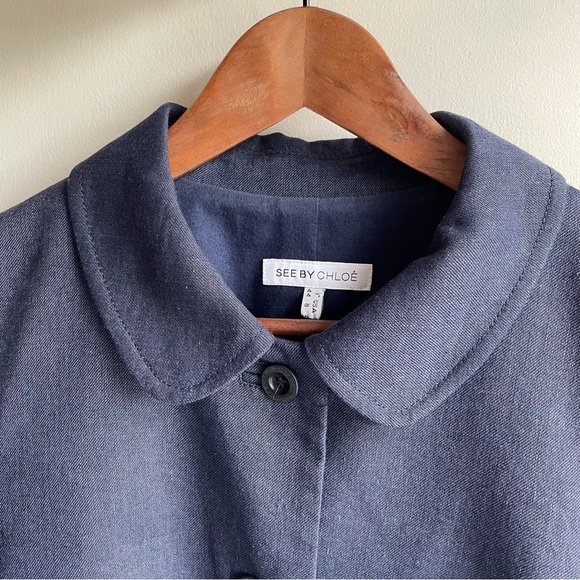 See By Chloe Linen Wool Blazer Boxy Cropped Size 8 Made in Italy Navy Jacket - Picture 4 of 15